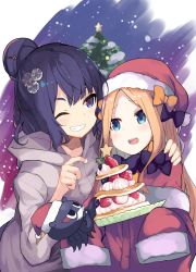 Rule 34 | 2girls, :d, abigail williams (fate), animal, black bow, black hair, blue eyes, bow, christmas, christmas tree, commentary request, dress, fate/grand order, fate (series), food, fur-trimmed headwear, fur-trimmed sleeves, fur trim, grey jacket, grin, hair bow, hair bun, hair ornament, hand on another&#039;s shoulder, hat, highres, hood, hood down, hooded jacket, jacket, katsushika hokusai (fate), katsushika hokusai (traveling outfit) (fate), long sleeves, multiple girls, nanateru, octopus, official alternate costume, one eye closed, open mouth, orange bow, parted bangs, polka dot, polka dot bow, red dress, red headwear, santa costume, santa hat, single hair bun, sleeves past fingers, sleeves past wrists, smile, teeth, tokitarou (fate), upper teeth only