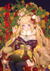 Rule 34 | 1girl, bad id, bad pixiv id, basket, black thighhighs, blonde hair, blue eyes, blush, braid, braided bun, chinese clothes, closed mouth, coney, crown braid, double bun, dudou, flower, food, fruit, hair bun, hair flower, hair ornament, halterneck, jewelry, long hair, looking at viewer, mandarin orange, monkey, necklace, original, plant, pointy ears, sitting, smile, solo, thighhighs, tongue, tongue out, very long hair, wavy hair