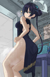 Rule 34 | 1girl, absurdres, ass, black dress, black hair, blue archive, blue eyes, blush, breasts, butterfly hair ornament, china dress, chinese clothes, dress, english text, hair ornament, highres, kisaki (blue archive), looking at viewer, looking back, lyib, medium breasts, solo, sweat, thighs, twintails
