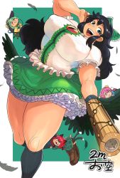 Rule 34 | 4girls, animal ears, black hair, black socks, blouse, blush, braid, breasts, cat ears, cat tail, center frills, collared shirt, covered erect nipples, female focus, frills, green background, green hair, hand in own hair, hat, highres, huge breasts, hunter rank e, kneehighs, long hair, looking at viewer, mini person, minigirl, miniskirt, multiple girls, open mouth, outside border, pink hair, puffy nipples, red hair, reiuji utsuho, shirt, siblings, simple background, sisters, size difference, skirt, smile, socks, solo focus, standing, standing on one leg, tail, teeth, text focus, thick thighs, thighs, topknot, touhou, twin braids, upper teeth only, white shirt, wings, witch hat, yellow shirt
