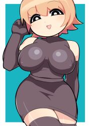 Rule 34 | 1girl, black eyes, black gloves, black shirt, black skirt, black thighhighs, blonde hair, blue background, blush, bright pupils, commentary request, cookie (touhou), covered erect nipples, cowboy shot, elbow gloves, fake meguru (cookie), gloves, hair between eyes, hospital king, impossible clothes, impossible shirt, latex, latex gloves, latex thighhighs, looking at viewer, medium bangs, open mouth, pencil skirt, shiny skin, shirt, short hair, skirt, sleeveless, sleeveless shirt, smile, solo, thighhighs, two-tone background, white background, white pupils