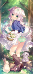 Rule 34 | 1girl, animal, animal ears, animal hood, ass, basket, blue capelet, blurry, blurry background, blush, boots, bow, brown footwear, capelet, closed mouth, commentary request, day, depth of field, dress, fake animal ears, flower, flower wreath, forest, frilled panties, frills, from behind, grass, green panties, hair between eyes, head wreath, highres, holding, holding flower, hood, hood down, hooded capelet, knee boots, kneepits, long sleeves, looking at viewer, looking back, nature, original, outdoors, panties, polka dot, polka dot panties, rabbit, rabbit ears, rabbit hood, rose, shoe soles, solo, tail raised, tree, underwear, white bow, white dress, white flower, white rose, yukie (peach candy)