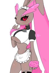 Rule 34 | 1girl, :3, alternate color, apron, ascot, black sclera, black sleeves, blouse, blush, body fur, breasts, brooch, brown fur, closed mouth, clothed pokemon, collared shirt, colored sclera, cowboy shot, creatures (company), crop top, female focus, flat color, frilled apron, frills, from side, furry, furry female, game freak, gem, gen 4 pokemon, grey ascot, hand to own mouth, hand up, happy, heart o-ring, jewelry, large breasts, light blush, looking at viewer, lopunny, maid, maid headdress, navel, nintendo, one eye closed, osenchurii, pink fur, pokemon, pokemon (creature), rabbit ears, rabbit girl, rabbit tail, raglan sleeves, red eyes, red gemstone, shiny pokemon, shirt, short sleeves, simple background, skindentation, smile, solo, standing, stomach, thigh strap, two-tone fur, underboob, waist apron, white apron, white background, white shirt, wink