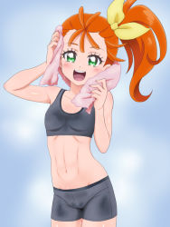 1girl, :d, arm up, bare arms, bare shoulders, blue background, blush, breasts, collarbone, commentary request, eyebrows visible through hair, green eyes, grey shorts, groin, hair ribbon, hand up, highres, looking at viewer, mameshiba, natsuumi manatsu, navel, open mouth, orange hair, precure, ribbon, round teeth, short shorts, shorts, side ponytail, small breasts, smile, solo, sports bra, teeth, towel, towel around neck, tropical-rouge! precure, upper teeth, yellow ribbon