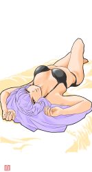 Rule 34 | 1girl, artist logo, bikini, black bikini, full body, highres, knee up, long hair, looking at viewer, lying, mushuku (cgckfaoaoy4p1hx), on back, oyuki (urusei yatsura), parted lips, purple hair, sidelocks, solo, swimsuit, urusei yatsura