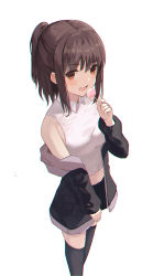 Rule 34 | 1girl, :d, absurdres, bare shoulders, black jacket, black thighhighs, brown eyes, brown hair, candy, cowboy shot, food, highres, jacket, jacket partially removed, lollipop, looking at viewer, off shoulder, open clothes, open jacket, open mouth, original, shirt, short hair, short ponytail, sidelocks, simple background, smile, solo, thighhighs, white background, white shirt, yeolyeo