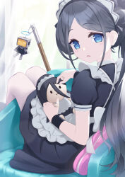 Rule 34 | &lt;key&gt; (robot) (blue archive), 1girl, apron, aris (blue archive), aris (maid) (blue archive), armchair, black dress, black hair, blue archive, blue eyes, bow, chair, character doll, commentary request, dress, frilled apron, frills, hinoka (allen), long hair, looking at viewer, looking to the side, maid, maid apron, maid headdress, on chair, pantyhose, parted bangs, parted lips, ponytail, puffy short sleeves, puffy sleeves, short sleeves, sitting, sitting sideways, solo, very long hair, white apron, white bow, white pantyhose, window