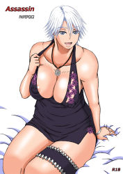 Rule 34 | breasts, christie (doa), cleavage, dead or alive, dress, highres, large breasts, papepox2, sitting, smile, tecmo, white hair