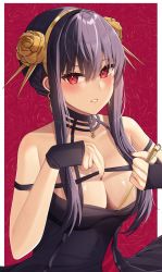 Rule 34 | 1girl, bare shoulders, black dress, black gloves, black hair, breasts, cleavage, collarbone, dagger, dress, earrings, fingerless gloves, floral background, flower, gloves, gold earrings, gold hairband, hair flower, hair ornament, hairband, highres, holding, holding dagger, holding knife, holding weapon, jewelry, knife, looking at viewer, medium breasts, nail polish, off-shoulder dress, off shoulder, parted lips, pillarboxed, red background, red eyes, red nails, reverse grip, rose, rose background, sidelocks, solo, spikes, spy x family, upper body, vitaminechan, weapon, yor briar