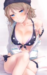 Rule 34 | 1girl, bikini, blue eyes, blush, breasts, cowboy shot, fingerless gloves, gloves, grey hair, grin, hat, highres, jacket, looking at viewer, love live!, love live! school idol festival, love live! sunshine!!, medium breasts, nasuno (nasuno42), open clothes, open jacket, polka dot, polka dot bikini, polka dot swimsuit, short hair, simple background, sitting, smile, solo, swimsuit, teeth, watanabe you, white background, white jacket
