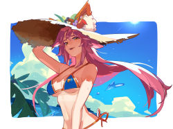 Rule 34 | 1girl, animal ear fluff, animal ears, arm up, bikini, blue bikini, blue sky, breasts, brown eyes, brown hat, cleavage, commentary request, day, eyebrows hidden by hair, fate/grand order, fate (series), flower, fox ears, hair between eyes, hand on headwear, hat, hat flower, highres, long hair, looking at viewer, medium breasts, navel, parted lips, pink hair, purple flower, red flower, short eyebrows, side-tie bikini bottom, sky, smile, solo, straw hat, sun, swimsuit, tamamo (fate), tamamo no mae (fate/extra), tamamo no mae (swimsuit lancer) (fate), tamamo no mae (swimsuit lancer) (second ascension) (fate), tamamo no mae (swimsuit lancer) (third ascension) (fate), thelian, thick eyebrows, upper body, very long hair