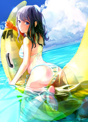 Rule 34 | 1girl, ass, back, banana boat, barefoot, bikini, black hair, blue eyes, blue sky, blush, breasts, cloud, day, feet, highres, long hair, looking at viewer, medium breasts, natsui tuna, ocean, original, side ponytail, sky, smile, soles, solo, striped bikini, striped clothes, swimsuit, toe scrunch, toes, wet
