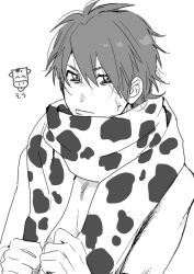 Rule 34 | anger vein, animal print, annoyed, cow print, greyscale, hair between eyes, holding, holding clothes, holding scarf, looking to the side, male focus, monochrome, nude, official art, ogeretsu tanaka, scarf, short hair, solo, toono takashi, upper body, yarichin bitch-bu
