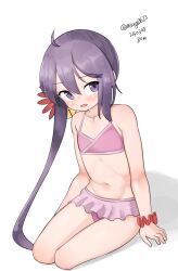 Rule 34 | 1girl, absurdres, ahoge, akebono (kancolle), bell, bikini, bikini skirt, dated, flat chest, flower, hair bell, hair flower, hair ornament, highres, jingle bell, kantai collection, long hair, looking at viewer, maru (marg0613), official alternate costume, one-hour drawing challenge, pink bikini, purple eyes, purple hair, red scrunchie, scrunchie, simple background, sitting, solo, swimsuit, twitter username, very long hair, white background, wrist scrunchie, yokozuwari