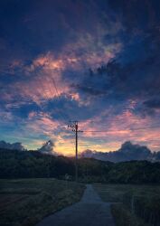 Rule 34 | artist name, bush, cloud, cloudy sky, commentary request, evening, fence, gradient sky, grass, highres, industrial pipe, mks, no humans, original, outdoors, path, power lines, road, scenery, sky, sunset, traffic mirror, tree, utility pole