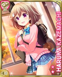 Rule 34 | 1girl, blue bow, blue skirt, blush, bow, bowtie, brown hair, rabbit hair ornament, card (medium), cardigan, character name, day, girlfriend (kari), guitar, guitar case, hair ornament, hairclip, hallway, indoors, instrument, instrument case, kazemachi haruka, long sleeves, looking at viewer, official art, open mouth, pink eyes, plaid, plaid skirt, qp:flapper, school uniform, short hair, skirt, smile, solo, standing, sunset, tagme, tareme, treble clef