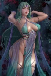 Rule 34 | 1girl, aqua hair, armpits, arms up, breasts, breasts apart, circlet, fantasy, flower, garter straps, highres, large breasts, lips, long hair, looking at viewer, original, prywinko, red flower, red rose, revealing clothes, rose, see-through, solo, thighhighs, yellow eyes
