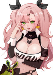 Rule 34 | 1girl, :d, absurdres, bad id, bad pixiv id, bandeau, bare shoulders, belt, black belt, black ribbon, breasts, cleavage, clothing cutout, earrings, eyeshadow, green eyes, hair ornament, hair ribbon, hairclip, hand up, heart, heart earrings, highres, jewelry, large breasts, long hair, long sleeves, looking at viewer, makeup, midriff, mole, mole on breast, mole under eye, navel, nicole demara, open mouth, pink hair, ribbon, rinnaikawa, shoulder cutout, simple background, smile, solo, stomach, strapless, tube top, upper body, v, very long hair, white background, zenless zone zero