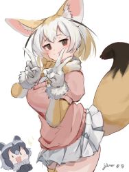Rule 34 | 2girls, animal ears, blonde hair, blush, bow, bowtie, brown eyes, commentary, common raccoon (kemono friends), elbow gloves, extra ears, fennec (kemono friends), fox ears, fox girl, fox tail, fur collar, fur trim, gloves, grey hair, highres, jknor, kemono friends, multicolored hair, multiple girls, pink sweater, pleated skirt, puffy short sleeves, puffy sleeves, raccoon ears, raccoon girl, short hair, short sleeves, skirt, sweater, tail, thighhighs, two-tone gloves, two-tone hair, v, white gloves, white hair, white skirt, yellow bow, yellow bowtie, yellow gloves, yellow thighhighs, zettai ryouiki