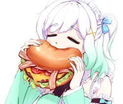 Rule 34 | 1girl, burger, cgator, closed eyes, commentary, eating, english commentary, food, frills, gradient hair, green hair, hair ornament, hands up, highres, holding, holding burger, holding food, indie virtual youtuber, maid headdress, mint fantome, multicolored hair, oversized food, oversized object, simple background, solo, virtual youtuber, white background, white hair, x hair ornament