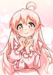 Rule 34 | 1girl, ahoge, brown eyes, commentary request, hair between eyes, heart, heart background, heart hands, highres, light blush, long hair, long sleeves, looking at viewer, nuurise2023, onii-chan wa oshimai!, outline, oyama mahiro, pink background, pink hair, puffy long sleeves, puffy sleeves, revision, simple background, smile, solo, upper body, very long hair, white outline