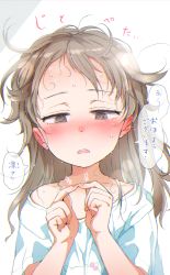 Rule 34 | 1girl, blush, brown eyes, brown hair, collarbone, commentary request, fingers together, gomennasai, hands up, highres, idolmaster, idolmaster cinderella girls, index fingers together, long hair, messy hair, morikubo nono, nose blush, off shoulder, parted lips, shirt, short sleeves, solo, sweat, teeth, translated, upper body, upper teeth only, white shirt