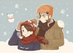 Rule 34 | 1boy, 1girl, arven (pokemon), beanie, blush, braid, brown coat, brown eyes, brown gloves, brown hair, brown scarf, closed mouth, coat, commentary request, creatures (company), eyelashes, fuyuu (float 39bui), game freak, gen 1 pokemon, gloves, green eyes, hat, highres, juliana (pokemon), long sleeves, looking down, nintendo, open mouth, orange headwear, pikachu, pokemon, pokemon sv, red headwear, red scarf, scarf, smile, snowflakes, snowing, upper body, winter, winter clothes