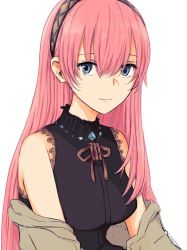 Rule 34 | 1girl, bare shoulders, black shirt, blue eyes, hairband, jacket, light smile, long hair, looking at viewer, megurine luka, moa0291, open clothes, open jacket, pink hair, shirt, sleeveless, sleeveless shirt, upper body, very long hair, vocaloid, white background