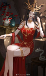 Rule 34 | 1girl, absurdres, black hair, cai lin (doupo cangqiong), doupo cangqiong, dress, earrings, flower, hair ornament, hand in own hair, highres, jewelry, long hair, red dress, sitting, smile, solo, thighlet, throne, vase, vuelasemana lin dian nie