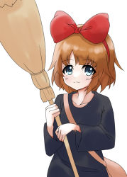 Rule 34 | 1girl, amai nekuta, assault lily, bag, black dress, blue eyes, blunt bangs, bow, bow hairband, broom, brown hair, closed mouth, collarbone, cosplay, dress, futagawa fumi, hair bow, hairband, hands up, holding, holding broom, kiki (majo no takkyuubin), kiki (majo no takkyuubin) (cosplay), long hair, long sleeves, looking at viewer, majo no takkyuubin, red bow, red hairband, shoulder bag, simple background, smile, solo, standing, upper body, white background