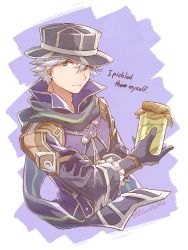 Rule 34 | 1boy, black gloves, black scarf, closed mouth, english text, falcom, gloves, grey eyes, highres, holding, hummel (ys), long sleeves, looking at viewer, male focus, mishiro (andante), purple background, scarf, silver hair, smile, solo, twitter username, two-tone background, white background, ys, ys viii lacrimosa of dana