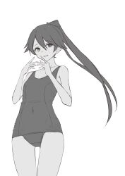 Rule 34 | 1girl, absurdres, breasts, covered navel, cowboy shot, greyscale, hair flaps, highres, houshou (kancolle), kantai collection, long hair, monochrome, neve (morris-minicooper), old school swimsuit, ponytail, school swimsuit, small breasts, solo, swimsuit, thigh gap