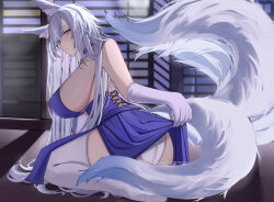 Rule 34 | 1girl, :/, alternate costume, animal ears, ass, azur lane, blue dress, blue eyes, blush, breasts, clothes lift, dress, dress lift, fox ears, fox tail, gloves, highres, huge breasts, long hair, looking at viewer, multiple tails, panties, ref (pmxt4483), seiza, shinano (azur lane), sideboob, sitting, solo, tail, thighhighs, underwear, very long hair, white gloves, white hair, white panties, white tail, white thighhighs