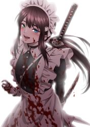Rule 34 | 1girl, apron, arm behind back, black choker, black dress, blood, blood on clothes, blood on face, blood on hands, bloody knife, blue eyes, blush, brown hair, choker, cowboy shot, dress, frilled apron, frills, gloves, green eyes, hand up, heterochromia, highres, holding, holding knife, juliet sleeves, katana, knife, long hair, long sleeves, maid, maid apron, maid headdress, masatoshi 1219, open mouth, original, ponytail, puffy sleeves, sheath, sheathed, shoulder strap, sidelocks, simple background, solo, sword, teeth, weapon, weapon on back, white background, white gloves