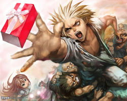 Rule 34 | 1girl, 6+boys, bald, blonde hair, brown hair, catching, clenched teeth, empty eyes, face, foreshortening, from above, gift, konno takashi, konno takashi (frontier pub), long hair, motion blur, multiple boys, open mouth, original, outstretched arm, outstretched hand, reaching, ribbon, short hair, spiked hair, struggling, teeth, torn clothes, valentine, wallpaper