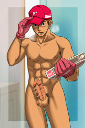 Rule 34 | 1boy, abs, baseball cap, delivery, food, gloves, gradient background, hat, male focus, nude, pectorals, pectorals, penis, pizza, solo