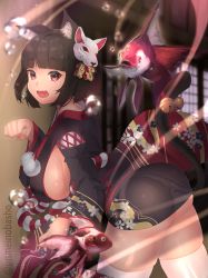Rule 34 | 1girl, :d, absurdres, animal ear fluff, animal ears, ass, azur lane, bell, black hair, black kimono, blunt bangs, breasts, cat ears, cat tail, fang, fish, highres, huge breasts, japanese clothes, jingle bell, kimono, leaning forward, long sleeves, looking at viewer, mask, mask on head, open mouth, paw pose, red eyes, short hair, short kimono, sideboob, smile, solo, standing, tail, tail bell, tail ornament, thighhighs, twitter username, unmeinobasho, white thighhighs, wide sleeves, yamashiro (azur lane)