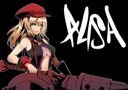 Rule 34 | 10s, 1girl, alisa ilinichina amiella, aqua eyes, bare shoulders, black background, blonde hair, blue eyes, breasts, cabbie hat, character name, cleavage, closed mouth, god eater, god eater burst, green eyes, gun, hat, highres, holding, holding weapon, huge weapon, long hair, looking at viewer, medium breasts, namco, navel, no bra, norman maggot, open mouth, outline, simple background, solo, standing, suspenders, underboob, weapon, white outline
