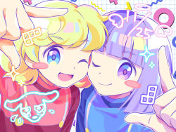 1boy 1girl ;) ;d ai_(puyopuyo) blonde_hair blue_eyes blue_jacket blunt_bangs blunt_ends blush_stickers cheek-to-cheek closed_mouth dated doodle_inset elle_(puyopuyo) finger_frame grid_background happy heads_together jacket jay_(puyopuyo) medium_hair mikumaringo one_eye_closed open_mouth outline portrait purple_eyes purple_hair puyopuyo puyopuyo_tetris red_jacket single_blush_sticker smile sparkle swept_bangs tetromino white_outline