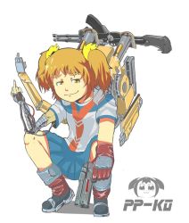 Rule 34 | 10s, 1girl, :3, assault rifle, boots, brown hair, gloves, gun, handgun, looking at viewer, middle finger, pistol, pleated skirt, poptepipic, popuko, prosthesis, prosthetic arm, rifle, school uniform, serafuku, shirt, sidelocks, simple background, skirt, smug, solo, t-shirt, two side up, weapon, yozhman