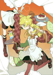 Rule 34 | 1boy, 1girl, absurdres, apron, aqua eyes, bead bracelet, beads, black shorts, blonde hair, blush, boots, bracelet, brown pantyhose, checkered clothes, chi ya, cross-laced footwear, earrings, floating, frilled apron, frills, full body, hair between eyes, hair ribbon, happy, highres, japanese clothes, jewelry, kagamine len, kagamine rin, knee boots, lace-up boots, leg up, looking at viewer, low twintails, maid, one eye closed, open mouth, pantyhose, ribbon, short hair, short twintails, shorts, smile, standing, standing on one leg, twintails, vocaloid, wa maid, white apron