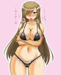 Rule 34 | 00s, 1girl, bikini, black bikini, blue eyes, blush, breast hold, breasts squeezed together, breasts, brown hair, condom, condom in mouth, condom wrapper, crossed arms, dr.p, frilled bikini, frills, hair over one eye, hip focus, large breasts, long hair, lowres, mouth hold, navel, solo, sweat, swimsuit, tales of (series), tales of the abyss, tear grants, translation request, wide hips