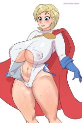 Rule 34 | 1girl, blonde hair, blue eyes, blush, body blush, breasts, cameltoe, cape, cleavage, covered erect nipples, curvy, embarrassed, gloves, huge breasts, navel, power girl, sanfiw, shiny skin, short hair, solo, sweat, underboob, wardrobe malfunction