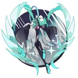 Rule 34 | 1girl, alternate costume, aqua eyes, aqua hair, arched back, black footwear, boots, border, round border, coattails, collared shirt, detached hair, detached sleeves, forehead, from behind, grey shirt, hair ornament, hatsune miku, head back, headphones, iwato1712, long hair, looking at viewer, looking back, miku day, number tattoo, outside border, pencil skirt, romaji commentary, round border, see-through, serious, shirt, skirt, sleeveless, sleeveless shirt, sleeves past fingers, sleeves past wrists, solo, sparkle, tattoo, thigh boots, twintails, very long hair, vocaloid, white border, wide sleeves