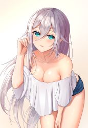 Rule 34 | 1girl, absurdres, aircell, bare shoulders, blouse, blue eyes, blue shorts, blush, breasts, cecilia schariac, cleavage, collarbone, downblouse, gradient background, hair between eyes, highres, honkai (series), honkai impact 3rd, large breasts, leaning forward, light purple hair, long hair, looking at viewer, playing with own hair, ringed eyes, shirt, short shorts, shorts, simple background, smile, solo, very long hair, white shirt