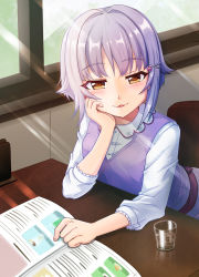 Rule 34 | 1girl, arm support, blush, brown eyes, chair, commentary request, cup, day, dress shirt, drink, drinking glass, fingernails, hair flaps, hair ornament, hairclip, hand on own face, idolmaster, idolmaster cinderella girls, indoors, koshimizu sachiko, long sleeves, looking at viewer, momoda yasuhito, parted lips, purple hair, purple vest, shirt, smile, solo, sunlight, table, vest, white shirt, window