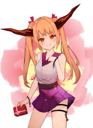 Rule 34 | 1girl, absurdres, adapted costume, alternate hairstyle, blouse, bow, chain, contrapposto, cube, hair bow, highres, horn ornament, horn ribbon, horns, ibuki suika, long hair, oeyama, oni, orange hair, orb, purple skirt, red bow, ribbon, shirt, skirt, sleeveless, solo, tetrahedron, thigh strap, touhou, twintails, white shirt