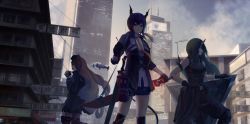 Rule 34 | 3girls, absurdres, animal ears, arknights, armband, billboard, black gloves, black jacket, black pants, black shirt, blue hair, blue shorts, building, ch&#039;en (arknights), chain, chest armor, chinese commentary, cityscape, clothes around waist, cloud, collared shirt, commentary, dragon horns, drone, earphones, eternaero, fingerless gloves, frown, gloves, glowing, green eyes, green hair, hand on hilt, hand on own hip, hand on shield, highres, holding, holding walkie-talkie, holding weapon, horns, hoshiguma (arknights), id card, jacket, jacket around waist, long hair, looking afar, looking at viewer, making-of available, multiple girls, necktie, open clothes, open jacket, orange hair, outdoors, pants, parted lips, red eyes, shield, shirt, shorts, sidelocks, sideways glance, single horn, skin-covered horns, sky, skyscraper, sleeveless, sleeveless shirt, swire (arknights), sword, tail, tiger ears, tiger tail, translation request, walkie-talkie, weapon, white shirt, window, yellow necktie