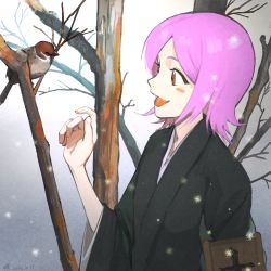 Rule 34 | 1girl, :d, animal, bare tree, bird, black kimono, bleach, blush stickers, commentary, dated, fang, from side, hand up, highres, japanese clothes, jou (jo jjo), kimono, kusajishi yachiru, open mouth, outdoors, parted bangs, pink hair, red eyes, smile, snowing, solo, tree, upper body