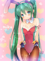 Rule 34 | 1girl, animal ears, bare shoulders, blue eyes, blush, breasts, character name, cleavage, covered navel, fake animal ears, green hair, hatsune miku, hikari no, leotard, long hair, pantyhose, playboy bunny, rabbit ears, smile, solo, thigh gap, twintails, very long hair, vocaloid